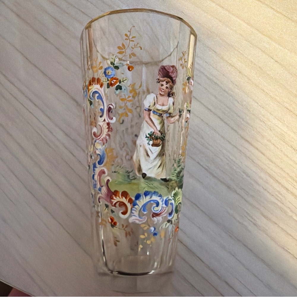 Antique Bohemian Glass Rococo style Enamel LADY Girl Figure Flowers GILT Scrolls